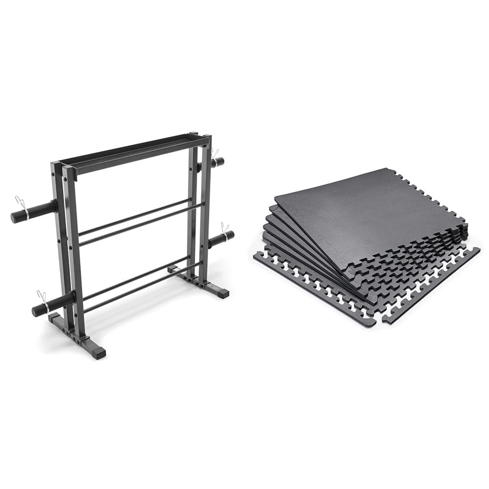 Bundle of Marcy Combo Weights Storage Rack for Dumbbells, Kettlebells, and Weight Plates DBR-0117 + Marcy Interlocking Waterproof Flooring Mat for Exercise Equipment & Accessories MAT-20