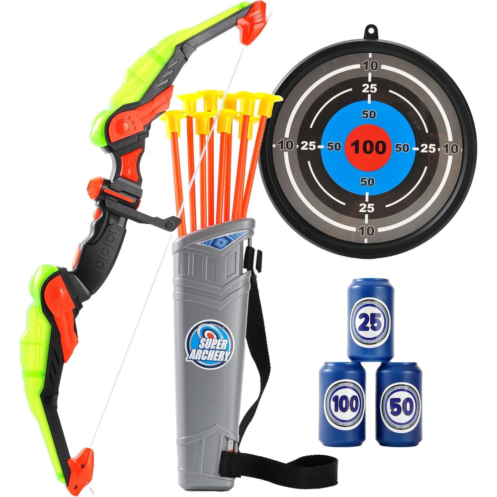 PowerTRC Kids Bow and Arrow Set, Bow and Arrow Set for Kids 8-12 Kids Archery Set with Target Practice LED Light Up with 10 Suction Cup Arrows & Quiver Outdoor Play Toys (Green)