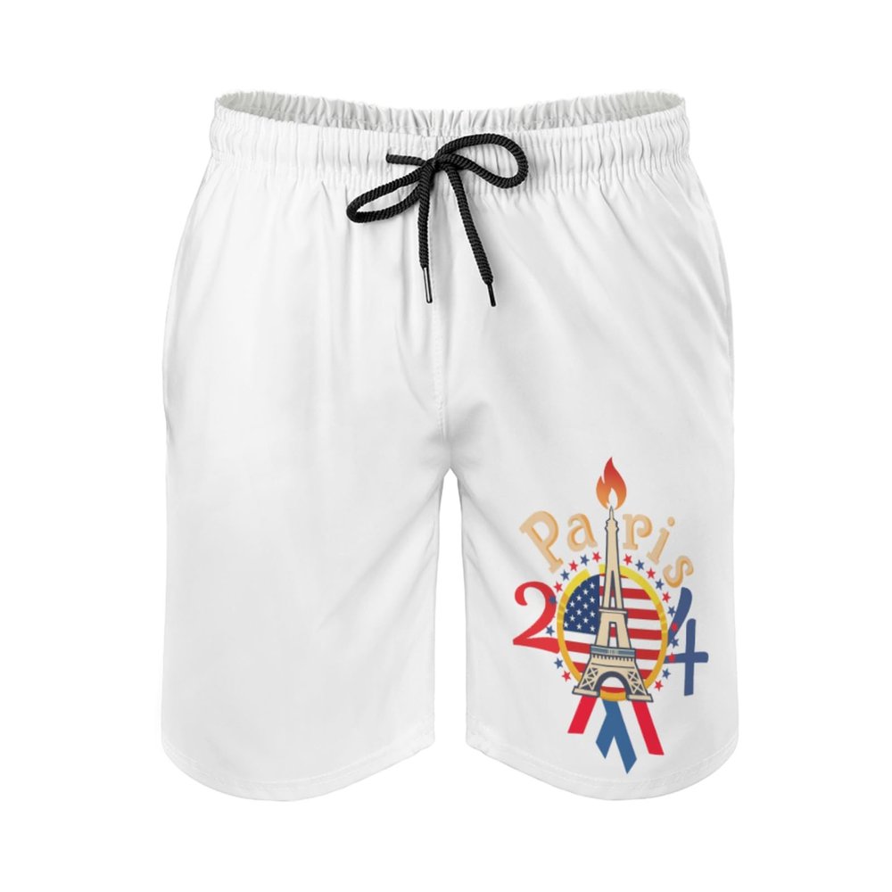 Paris American Flag Men's Swim Trunks France Sports Game Summer Surfing Shorts Swimwear Bathing Pants with Pockets White s