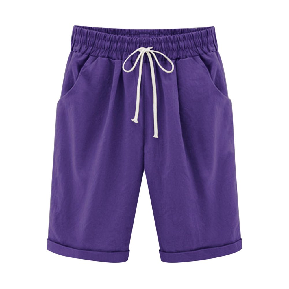 Generic Bermuda Shorts for Women Knee Length Plus Size Drawstring Shorts Elastic Waist Summer Beach Shorts Vacation Outfits Purple, 3X-Large