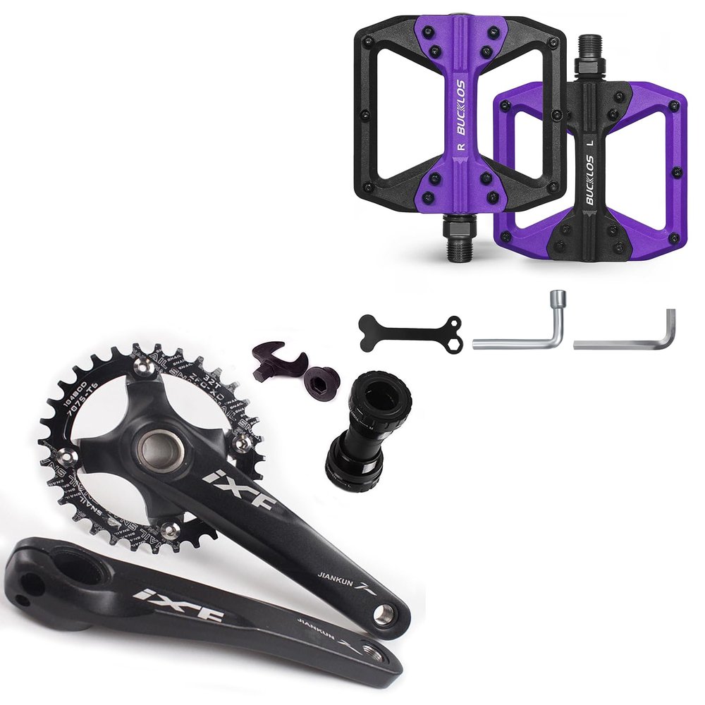 BUCKLOS IXF 104 BCD 30-52T Mountain Bike Crankset -Hollow Integrated MTB 170mm Crank Set and MTB Flat Nylon Bicycle Pedal with Large Platform -Non-Slip Colorful Pedals