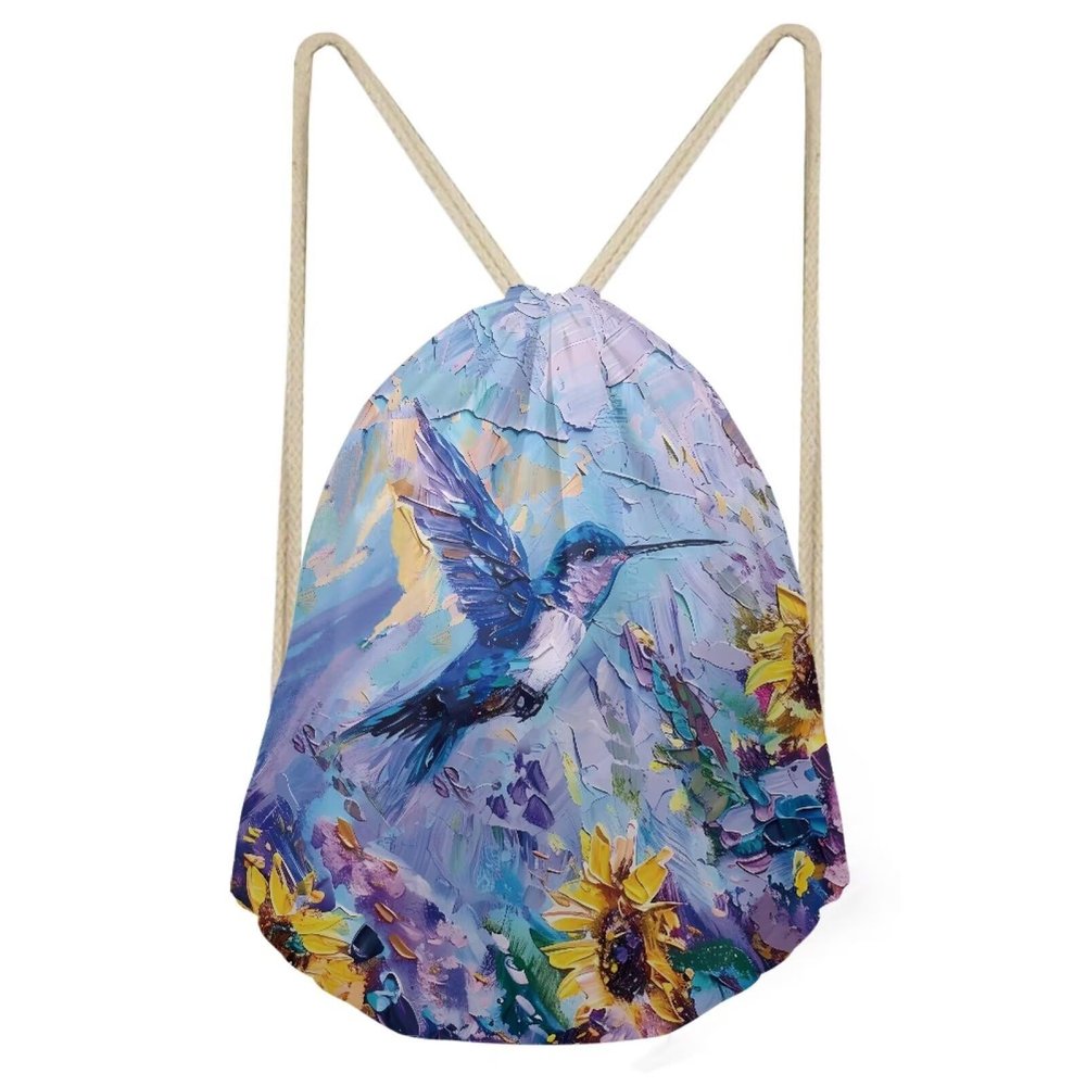 PJHEQOXE Oil Paint Hummingbird Drawstring Backpack for Girls Boys,Lightweight Drawstring Bags Gym Bags for Men Women String Sack Storage Satchels Purple