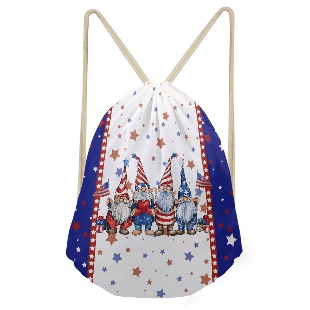 PJHEQOXE Father Christmas Print Drawstring Bag American Flag Casual Backpack Sport Gym Foldable Sackpack for Girls Boys Lightweight Swimming Hiking Camping Bag White