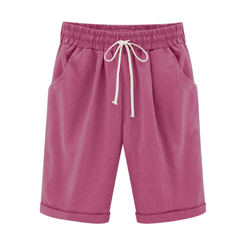 Generic Bermuda Shorts for Women Knee Length Plus Size Drawstring Shorts Elastic Waist Summer Beach Shorts Vacation Outfits Hot Pink, X-Large