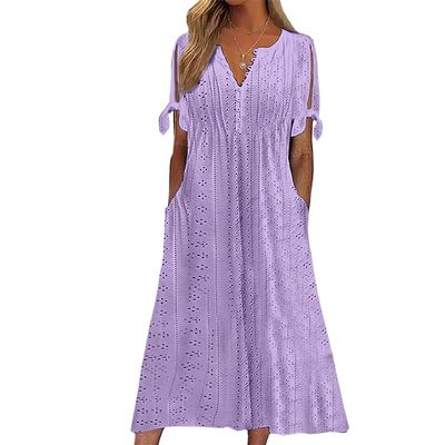 Zhyaj Purple Summer Dresses for Women 2024 Short Sleeve Eyelet Pastel Button Solid V Neck Boho Dress Daily Wear Vintage Sundress with Pockets, Purple, XX-Large