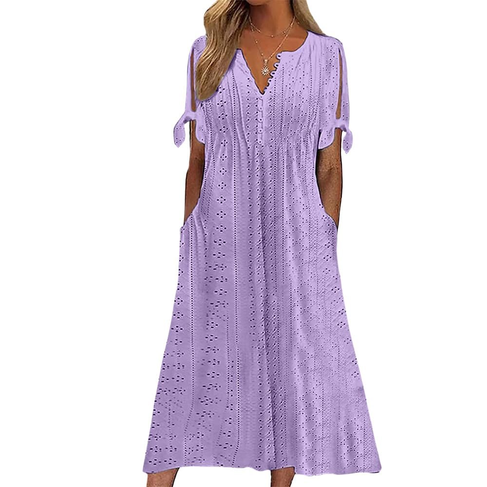 Zhyaj Purple Summer Dresses for Women 2024 Short Sleeve Eyelet Pastel Button Solid V Neck Boho Dress Daily Wear Vintage Sundress with Pockets, Purple, XX-Large