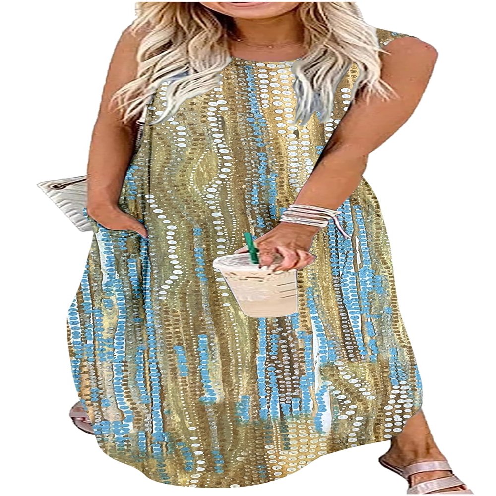 Women's Floral Boho Summer Dresses Casual Loose Sundress Long Dresses Striped Sleeveless Beach Maxi Dresses with Pockets(Small,Dot Multicolor3)