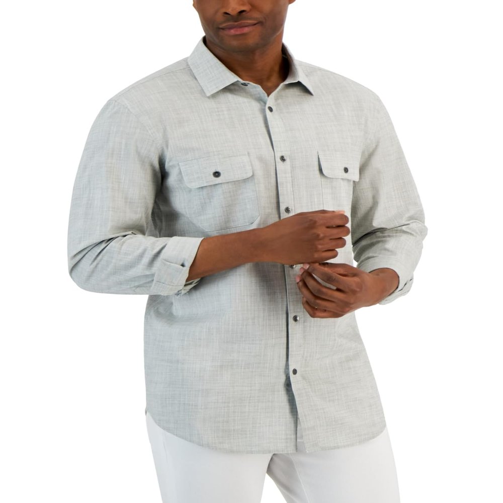 Alfani Men's Regular Fit Solid Grey Button Down Shirt Medium