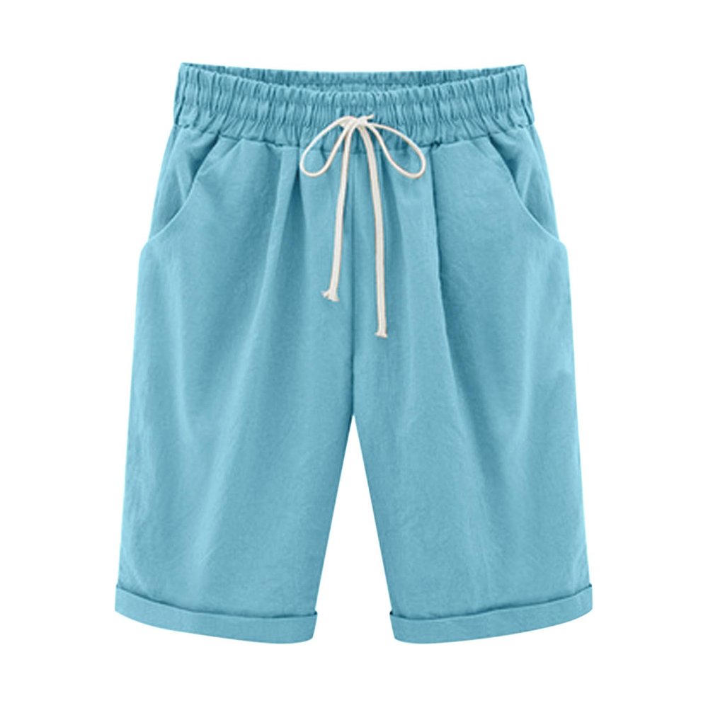 Generic Bermuda Shorts for Women Knee Length Plus Size Drawstring Shorts Elastic Waist Summer Beach Shorts Vacation Outfits Blue, 3X-Large