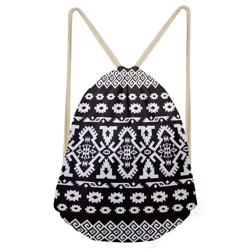 PJHEQOXE Aztec Totem Drawstring Bag Beach Backpack Casual Gym Sackpack for Girls Boys Lightweight Yoga Sport Foldable Bag Black White
