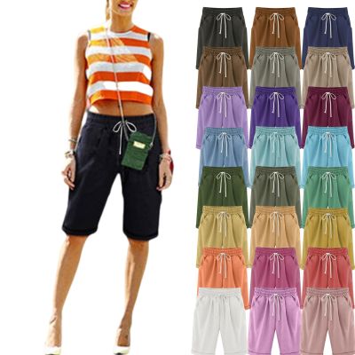 Bermuda Shorts for Women Knee Length Plus Size Drawstring Shorts Elastic Waist Summer Beach Shorts Vacation Outfits Black Black