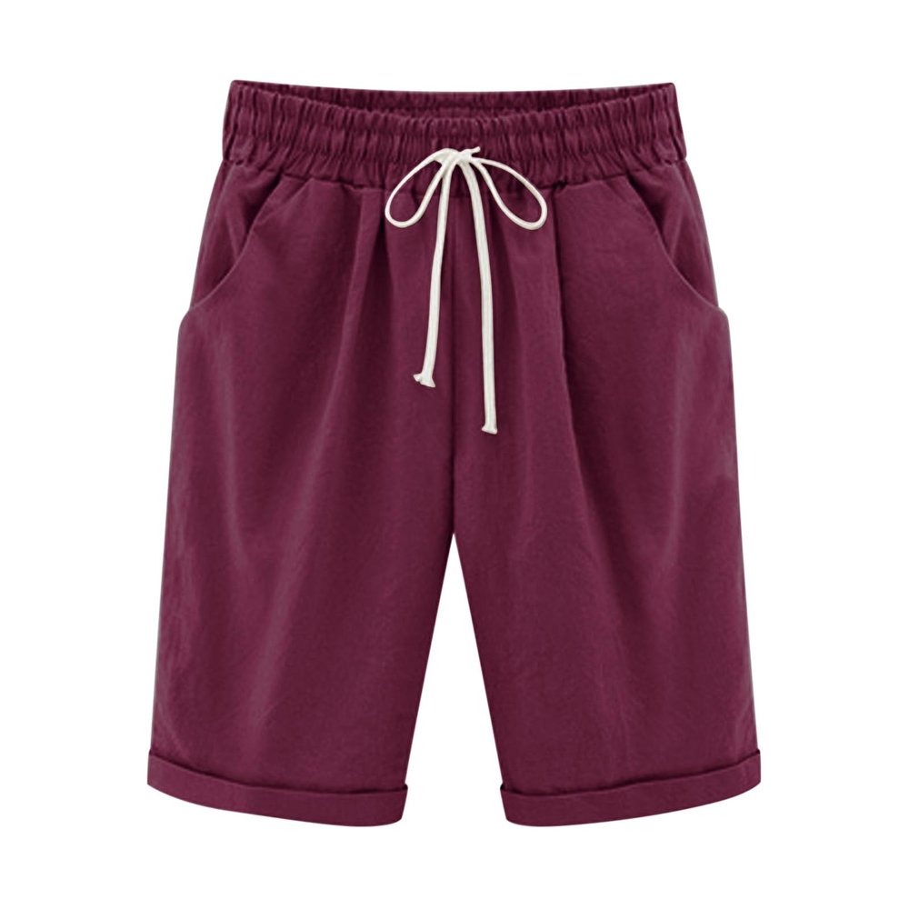 Bermuda Shorts for Women Knee Length Plus Size Drawstring Shorts Elastic Waist Summer Beach Shorts Vacation Outfits Wine