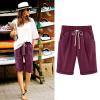 Bermuda Shorts for Women Knee Length Plus Size Drawstring Shorts Elastic Waist Summer Beach Shorts Vacation Outfits Wine view 2