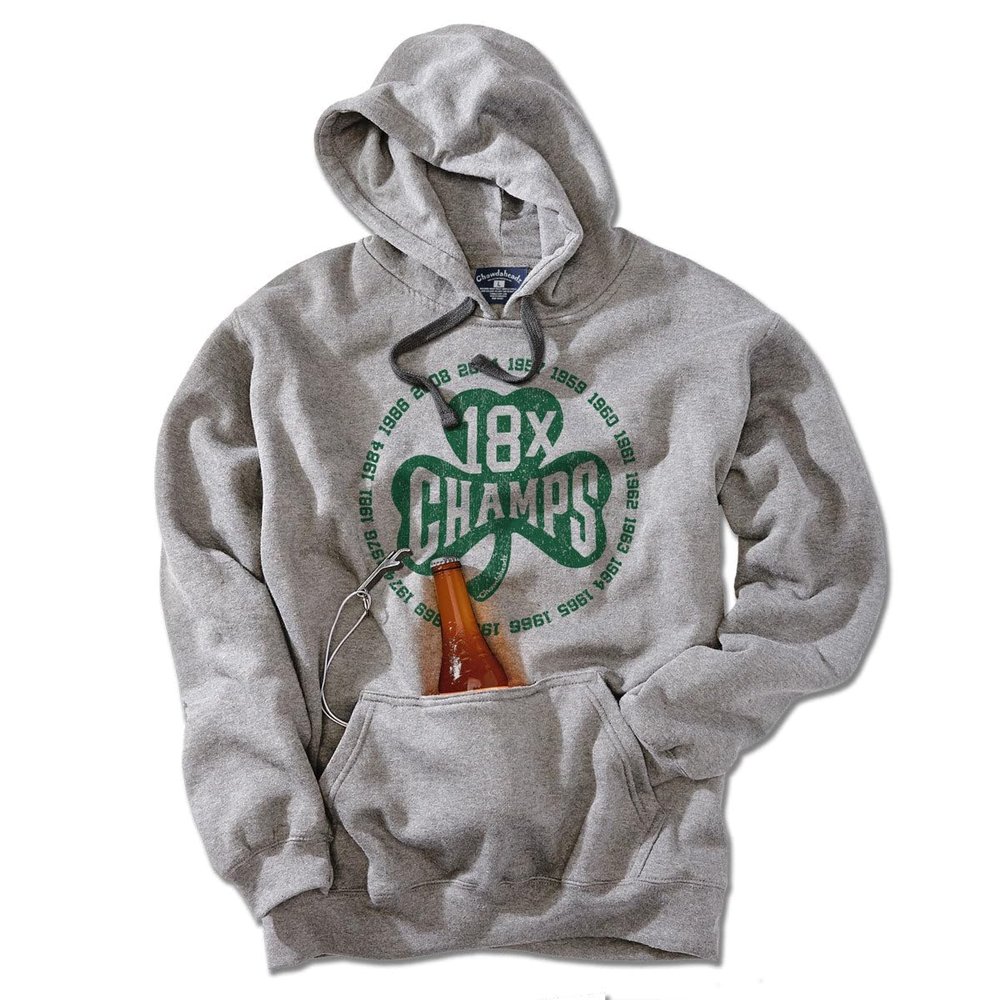 Chowdaheadz 18x Boston Basketball Champions Shamrock Tailgater Hoodie Gray, Small