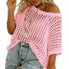 Urchics Womens Crochet Tops Hollow Out Cover Up Short Sleeve Knit Pullover Sweater Cover Up Summer Beach Pink S view 1
