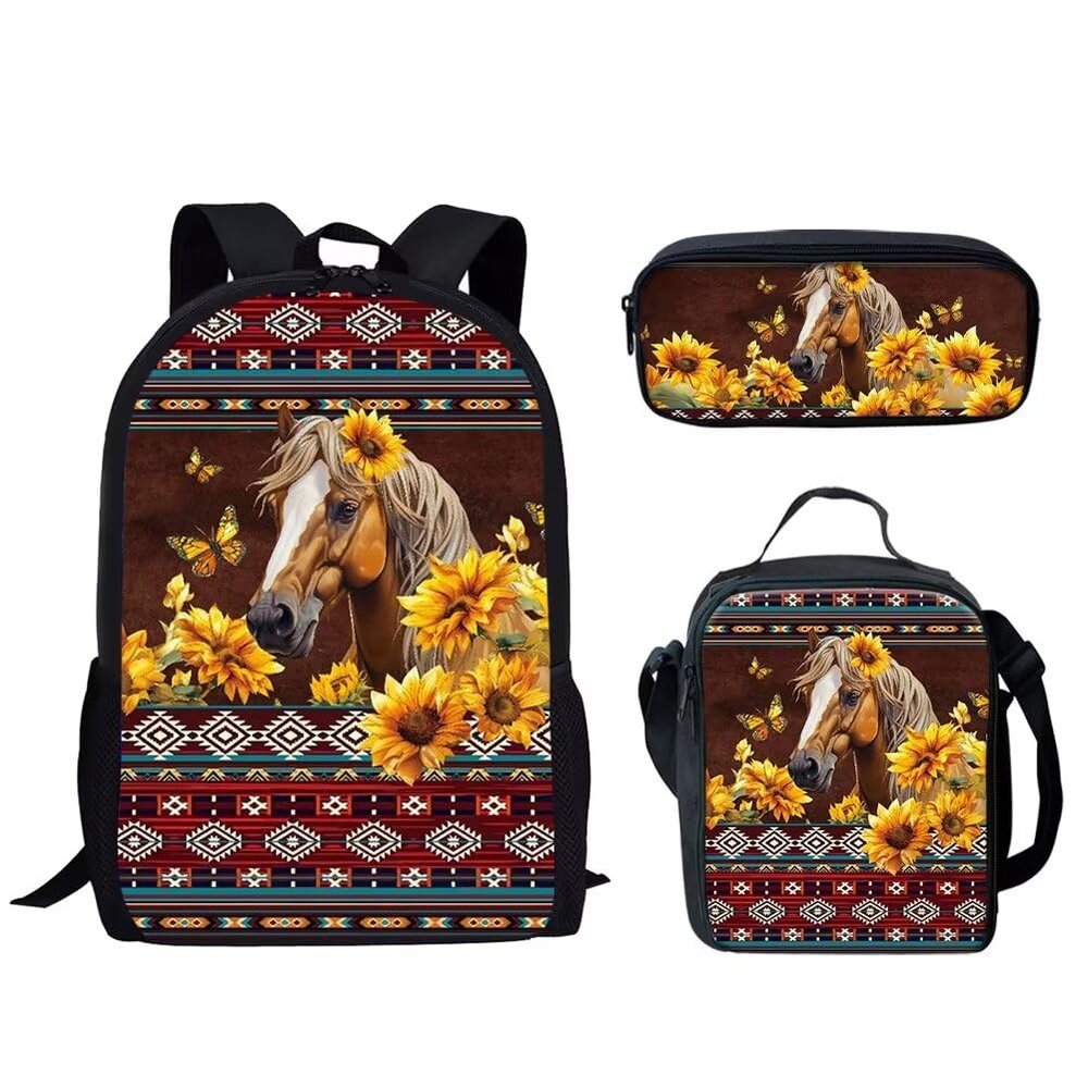 HUGS IDEA Kids Backpack Set Navajo Aztec Native American Sunflower Horse Bookbags with Cooler Food Container and Pencil Case for Children School Bag 3 in 1