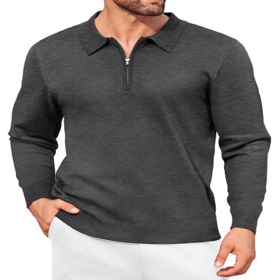 COOFANDY Polo Shirts for Men Quarter Zip Pullover Classic Sweater Polo Long Sleeve Slim Fit T Shirts Casual Fall Fashion Sweaters Dark Grey