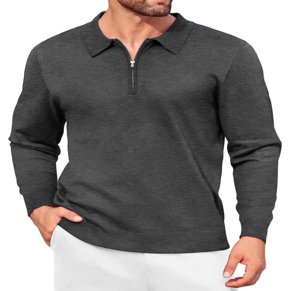 COOFANDY Polo Shirts for Men Quarter Zip Pullover Classic Sweater Polo Long Sleeve Slim Fit T Shirts Casual Fall Fashion Sweaters Dark Grey