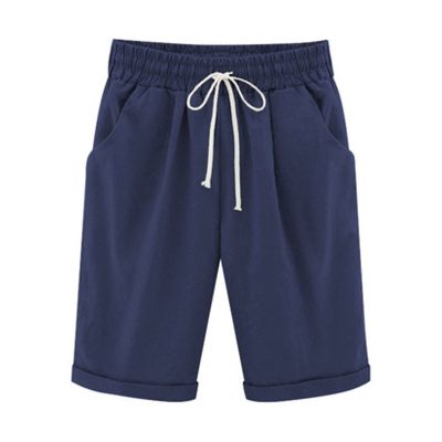 Generic Bermuda Shorts for Women Knee Length Plus Size Drawstring Shorts Elastic Waist Summer Beach Shorts Vacation Outfits Dark Blue, Medium