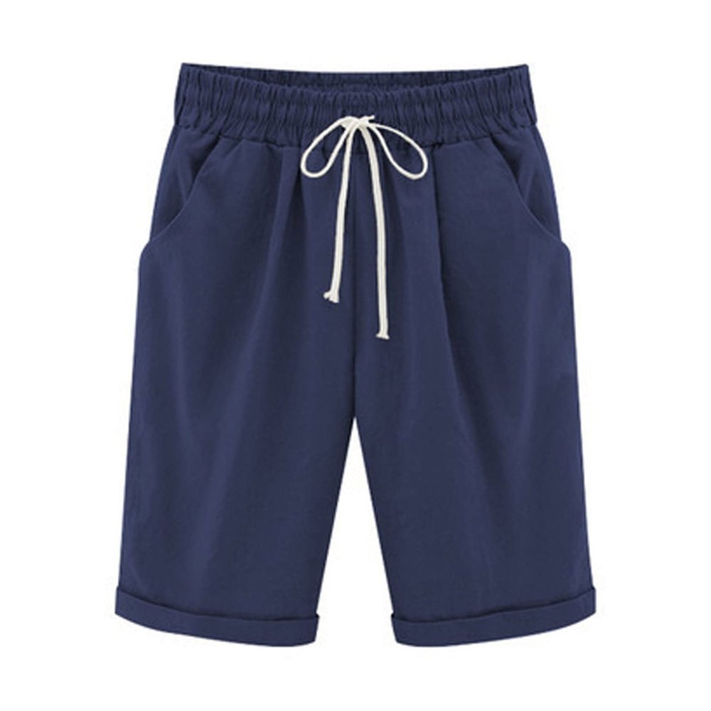 Generic Bermuda Shorts for Women Knee Length Plus Size Drawstring Shorts Elastic Waist Summer Beach Shorts Vacation Outfits Dark Blue, Medium