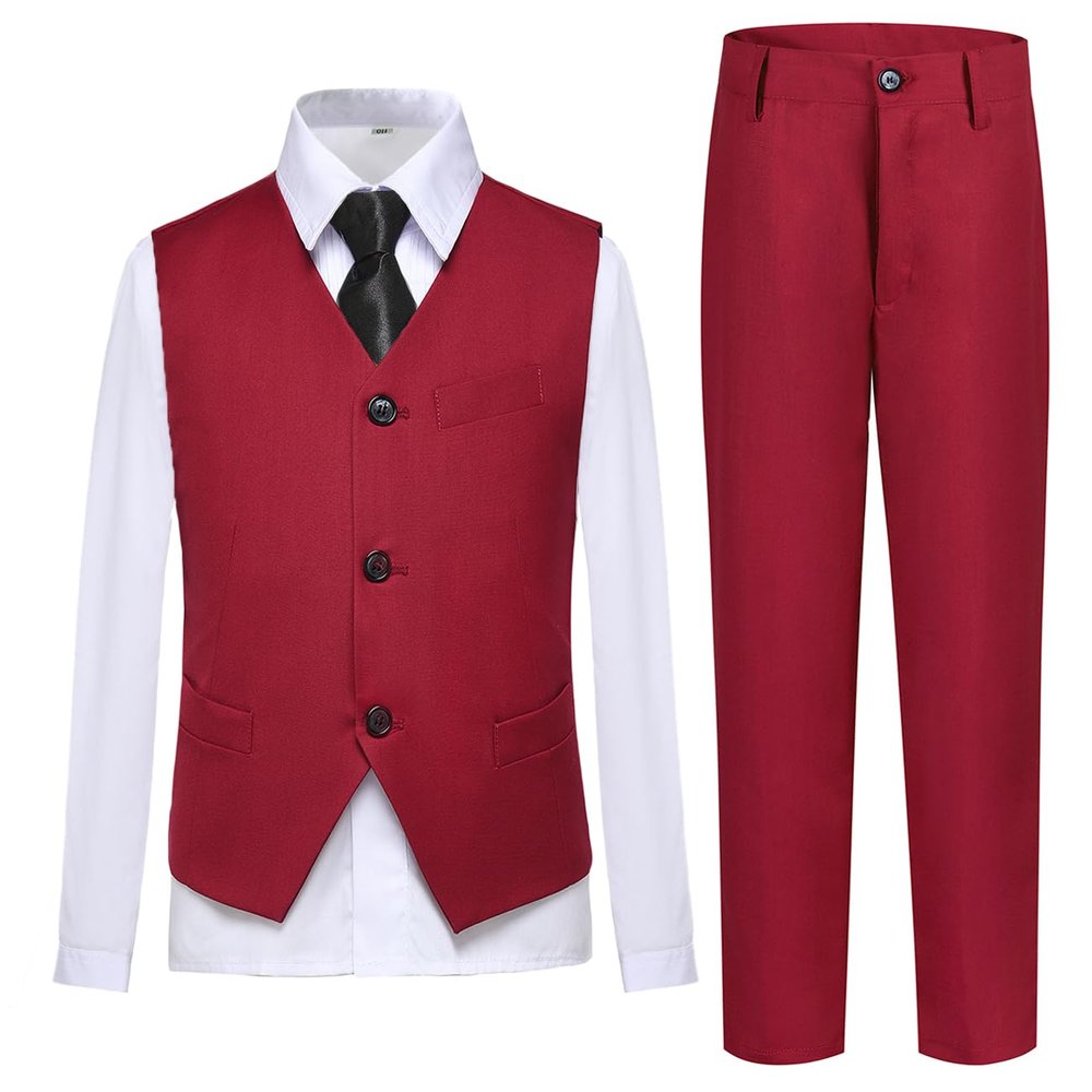 Lycody Boys Suits Kids Burgundy Tuxedo Graduation Suit Vest and Tie Set Toddler Little Boy Dress Clothes for Wedding Christmas Outfit Size 2