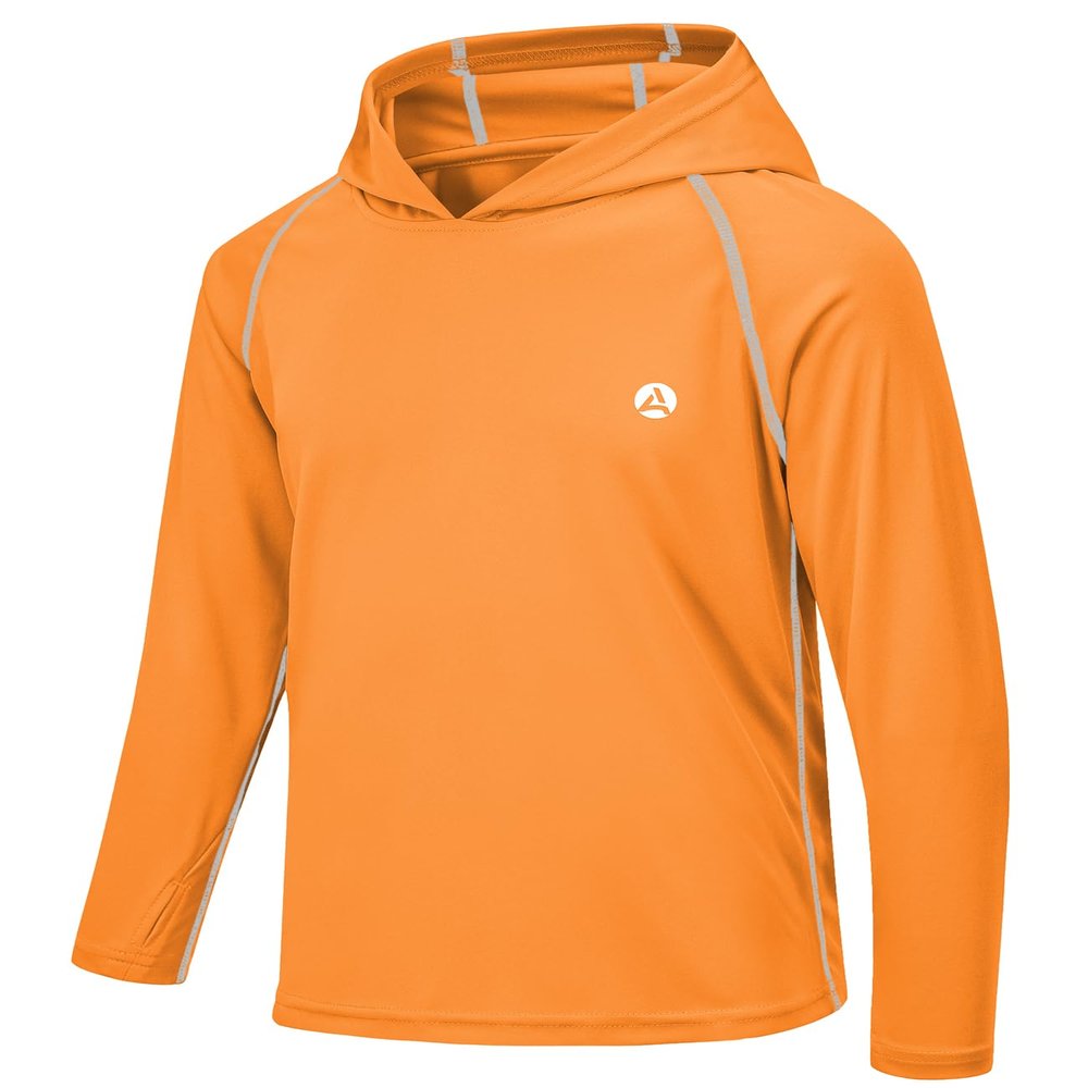 Boys Girls Sun Shirts Size 10 UV UPF Rash Guard Quick Dry Long Sleeve Hoodie Thumb Hole Comfy Outdoor Hiking Travel Beach Orange-Grey