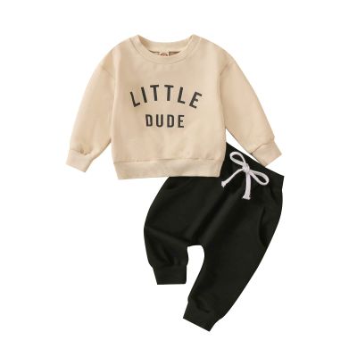 Covvoliy Toddler Newborn Baby Boy Outfit Long Sleeve Little Dude Print Sweatshirt Top Long Pants Infant Fall Winter 2PCS (Apricot, 18-24 Months)