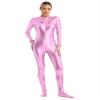 Linjinx Women's Shiny Metallic Unitard Turtleneck Long Sleeve Zentai Suit Catsuit Jumpsuit Dancewear Pink X-Large view 1