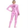 Linjinx Women's Shiny Metallic Unitard Turtleneck Long Sleeve Zentai Suit Catsuit Jumpsuit Dancewear Pink X-Large view 2
