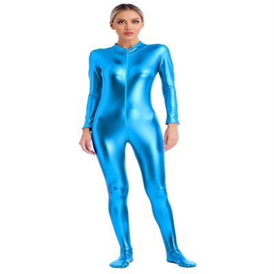 Linjinx Women's Shiny Metallic Unitard Turtleneck Long Sleeve Zentai Suit Catsuit Jumpsuit Dancewear Sky Blue Large