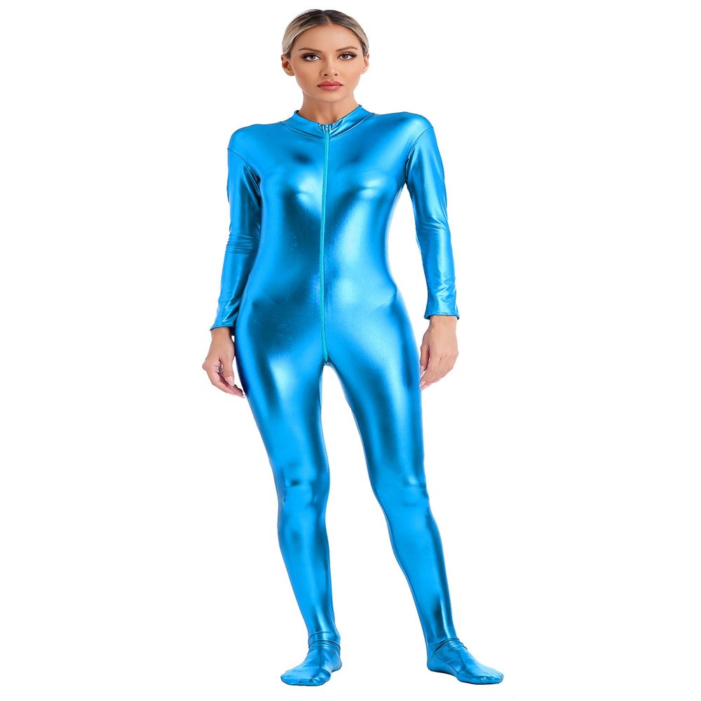 Linjinx Women's Shiny Metallic Unitard Turtleneck Long Sleeve Zentai Suit Catsuit Jumpsuit Dancewear Sky Blue Large