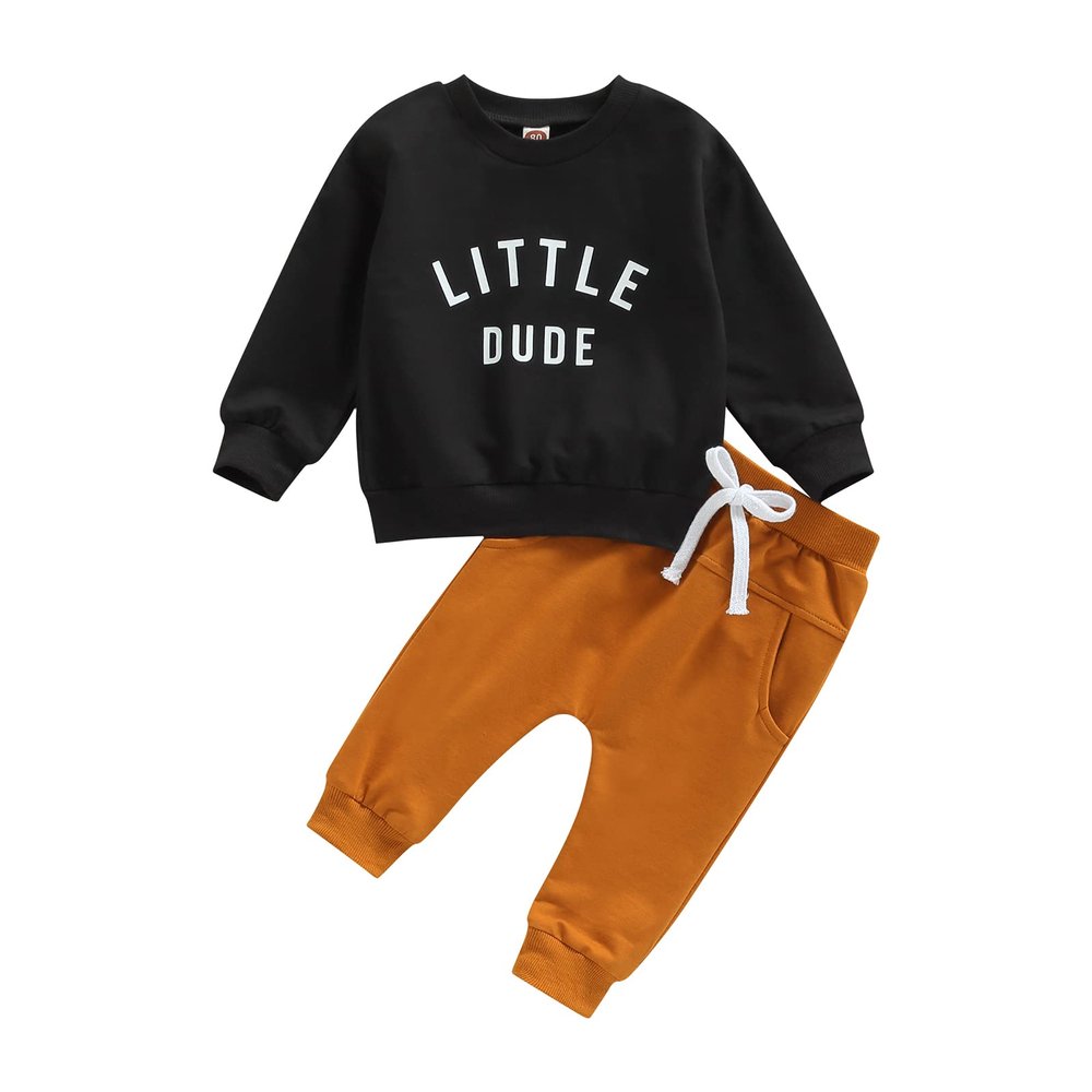 Covvoliy Toddler Newborn Baby Boy Outfit Long Sleeve Little Dude Print Sweatshirt Top Long Pants Infant Fall Winter 2PCS (Black, 18-24 Months)