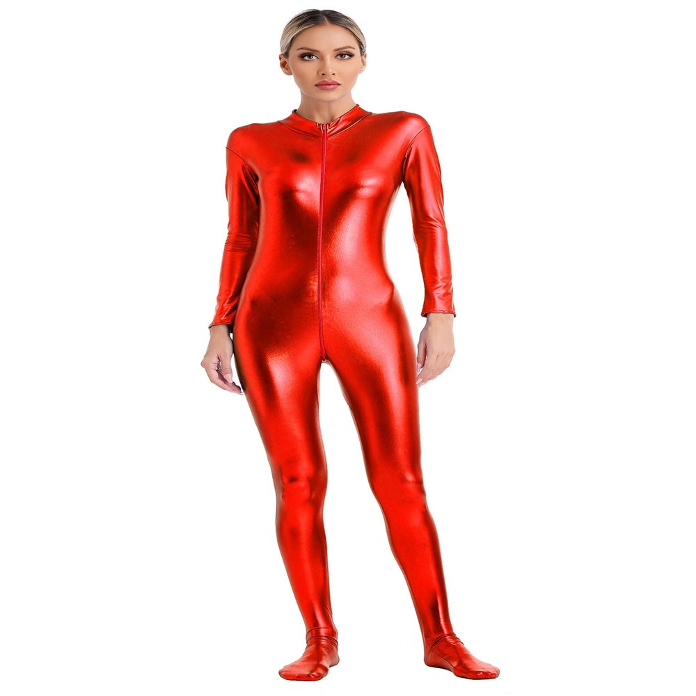 Linjinx Women's Shiny Metallic Unitard Turtleneck Long Sleeve Zentai Suit Catsuit Jumpsuit Dancewear Red Medium