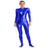 Linjinx Women's Shiny Metallic Unitard Turtleneck Long Sleeve Zentai Suit Catsuit Jumpsuit Dancewear Blue Medium view 1