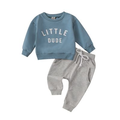 Covvoliy Toddler Newborn Baby Boy Outfit Long Sleeve Little Dude Print Sweatshirt Top Long Pants Infant Fall Winter 2PCS (Blue, 0-6 Months)