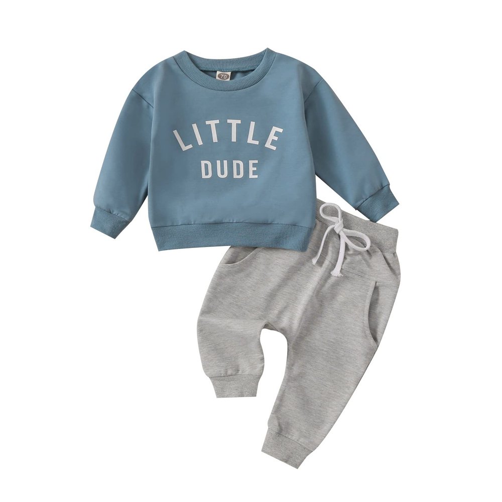 Covvoliy Toddler Newborn Baby Boy Outfit Long Sleeve Little Dude Print Sweatshirt Top Long Pants Infant Fall Winter 2PCS (Blue, 0-6 Months)