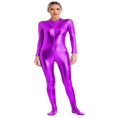 Linjinx Women's Shiny Metallic Unitard Turtleneck Long Sleeve Zentai Suit Catsuit Jumpsuit Dancewear Purple Medium