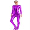 Linjinx Women's Shiny Metallic Unitard Turtleneck Long Sleeve Zentai Suit Catsuit Jumpsuit Dancewear Purple Medium view 3