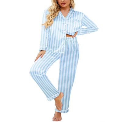 Ekouaer Womens Satin Pajama Set Classic Pattern Silky Pj Sets Button Down Sleepwear Loungewear,XX-Large,Blue stripes