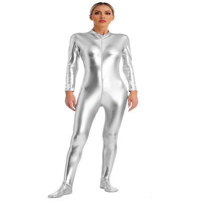 Linjinx Women's Shiny Metallic Unitard Turtleneck Long Sleeve Zentai Suit Catsuit Jumpsuit Dancewear Silver Large