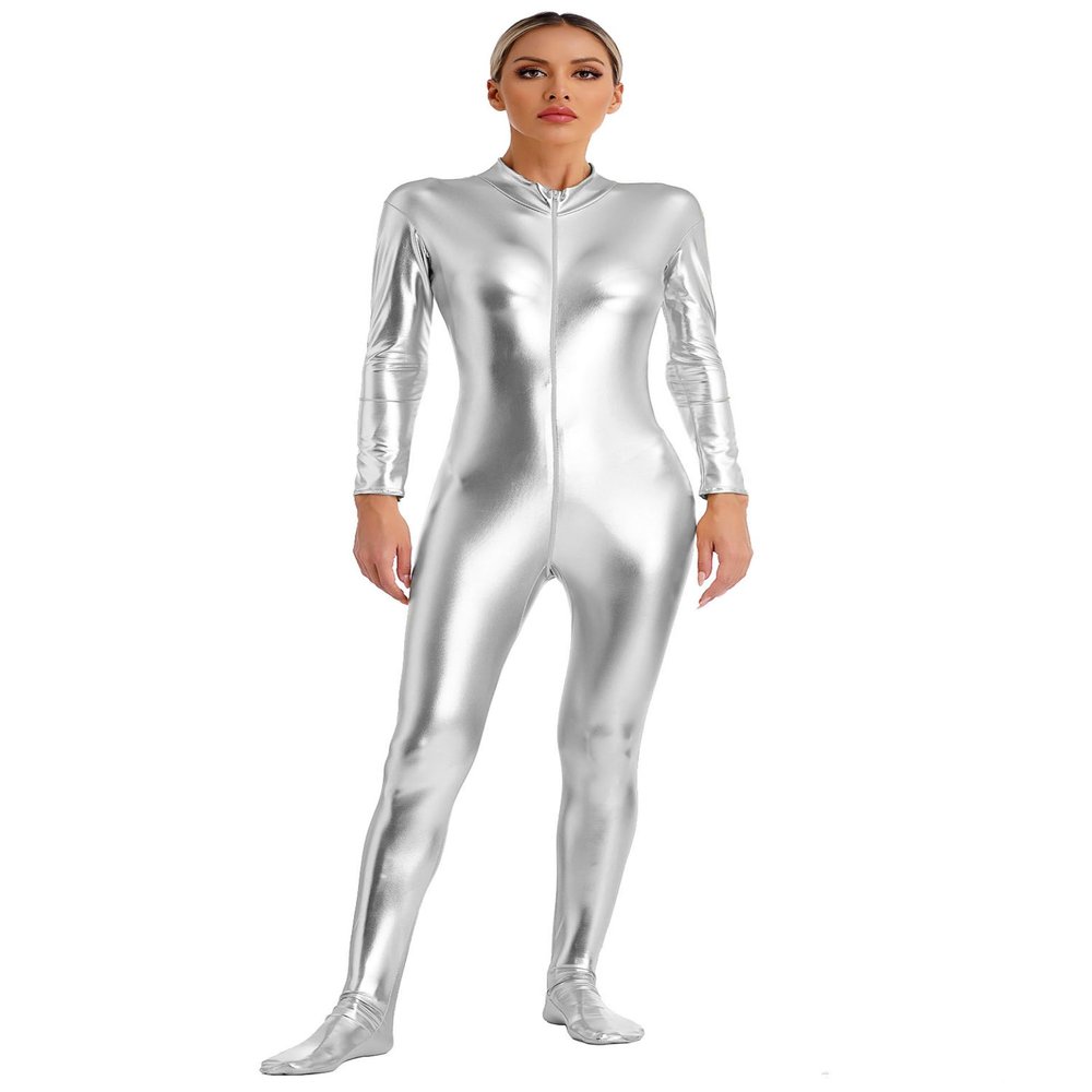 Linjinx Women's Shiny Metallic Unitard Turtleneck Long Sleeve Zentai Suit Catsuit Jumpsuit Dancewear Silver Large