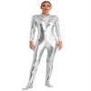 Linjinx Women's Shiny Metallic Unitard Turtleneck Long Sleeve Zentai Suit Catsuit Jumpsuit Dancewear Silver Large view 1