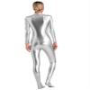 Linjinx Women's Shiny Metallic Unitard Turtleneck Long Sleeve Zentai Suit Catsuit Jumpsuit Dancewear Silver Large view 2
