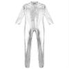Linjinx Women's Shiny Metallic Unitard Turtleneck Long Sleeve Zentai Suit Catsuit Jumpsuit Dancewear Silver Large view 3