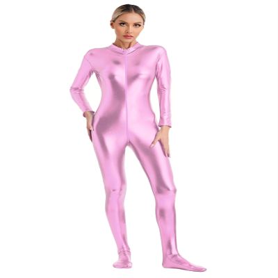 Linjinx Women's Shiny Metallic Unitard Turtleneck Long Sleeve Zentai Suit Catsuit Jumpsuit Dancewear Pink Medium