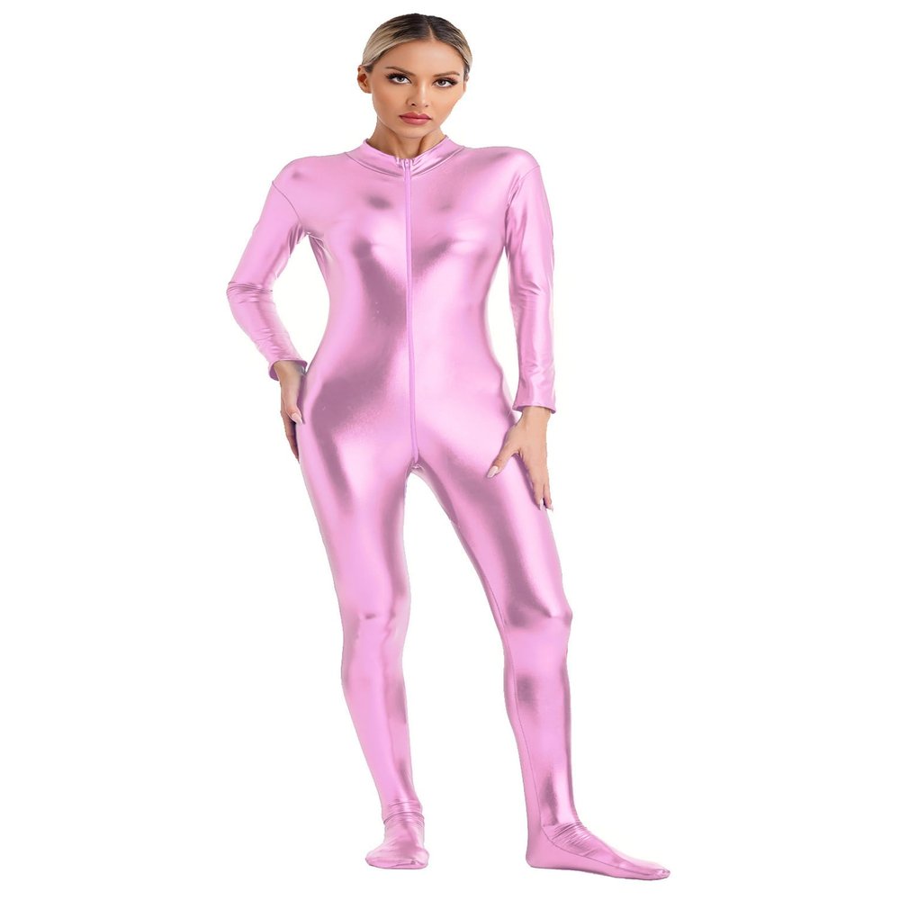 Linjinx Women's Shiny Metallic Unitard Turtleneck Long Sleeve Zentai Suit Catsuit Jumpsuit Dancewear Pink Medium