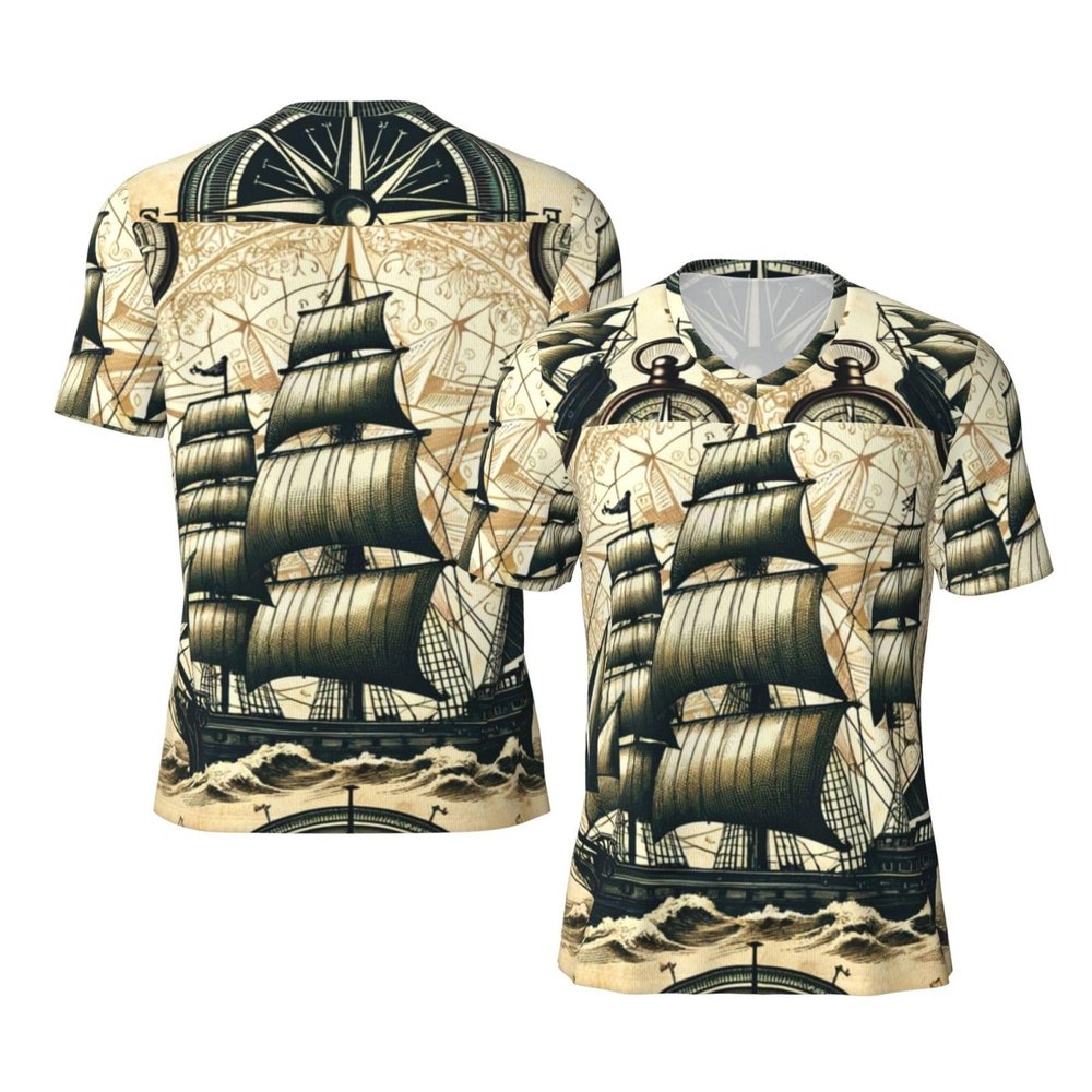 Stylish Athletic Sports Jersey Antique-Sailboats-Ship-Wheel Men's Rugby Jersey Small Black