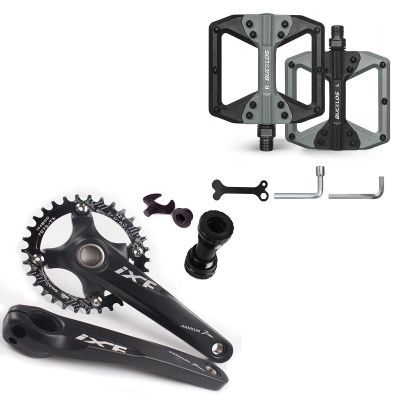 BUCKLOS IXF 104 BCD 30-52T Mountain Bike Crankset -Hollow Integrated MTB 170mm Crank Set and MTB Flat Nylon Bicycle Pedal with Large Platform -Non-Slip Colorful Pedals