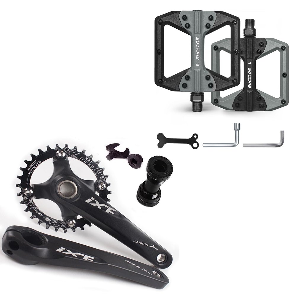 BUCKLOS IXF 104 BCD 30-52T Mountain Bike Crankset -Hollow Integrated MTB 170mm Crank Set and MTB Flat Nylon Bicycle Pedal with Large Platform -Non-Slip Colorful Pedals