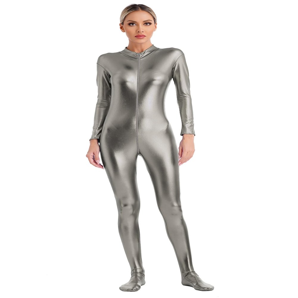 Linjinx Women's Shiny Metallic Unitard Turtleneck Long Sleeve Zentai Suit Catsuit Jumpsuit Dancewear Grey X-Large